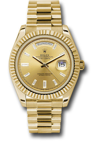 Rolex Yellow Gold Day-Date 40 Watch - Fluted Bezel - Champagne Baguette Diamond Dial - President Bracelet