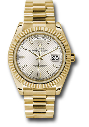 Rolex Yellow Gold Day-Date 40 Watch - Fluted Bezel - Silver Diagonal Motif Index Dial - President Bracelet
