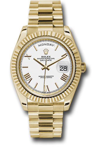 Rolex Yellow Gold Day-Date 40 Watch - Fluted Bezel - White Bevelled Roman Dial - President Bracelet