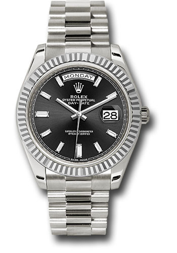 Rolex White Gold Day-Date 40 Watch - Fluted Bezel - Black Baguette Diamond Dial - President Bracelet