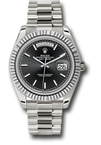 Rolex White Gold Day-Date 40 Watch - Fluted Bezel - Black Index Dial - President Bracelet