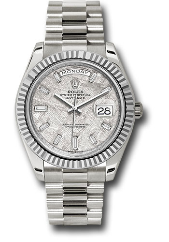 Rolex White Gold Day-Date 40 Watch - Fluted Bezel - Meteorite Baguette Diamond Dial - President Bracelet