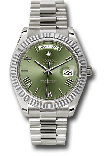 Rolex White Gold Day-Date 40 Watch - Fluted Bezel - Olive Green Bevelled Roman Dial - President Bracelet