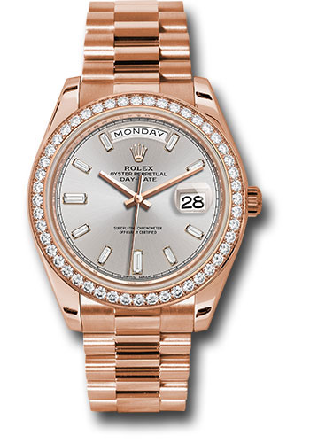 Rolex Everose Gold Day-Date 40 Watch - Everose Gold Bezel - Sundust Baguette-Cut Diamond Dial - President Bracelet