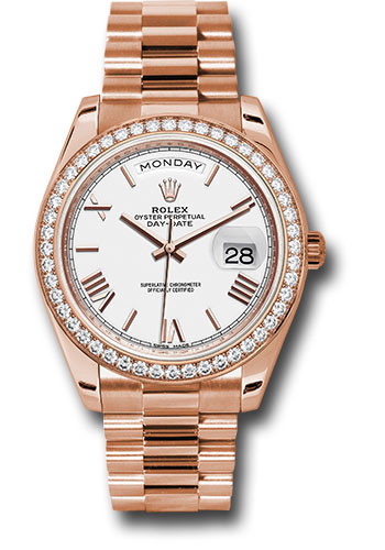 Rolex Everose Gold Day-Date 40 Watch - Everose Gold Bezel - White Bevelled Roman Dial - President Bracelet