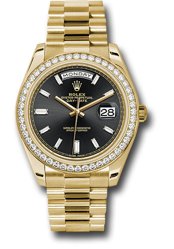 Rolex Yellow Gold Day-Date 40 Watch -  Bezel - Black Baguette Diamond Dial - President Bracelet