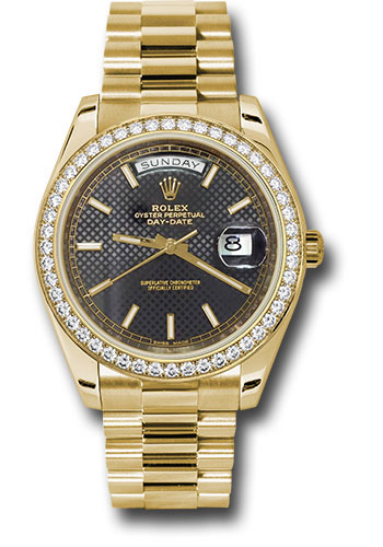 Rolex Yellow Gold Day-Date 40 Watch -  Bezel - Black Diagonal Motif Index Dial - President Bracelet