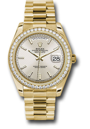 Rolex Yellow Gold Day-Date 40 Watch -  Bezel - Silver Diagonal Motif Index Dial - President Bracelet