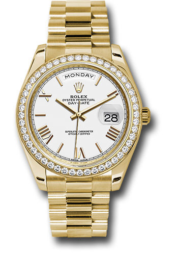 Rolex Yellow Gold Day-Date 40 Watch -  Bezel - White Bevelled Roman Dial - President Bracelet