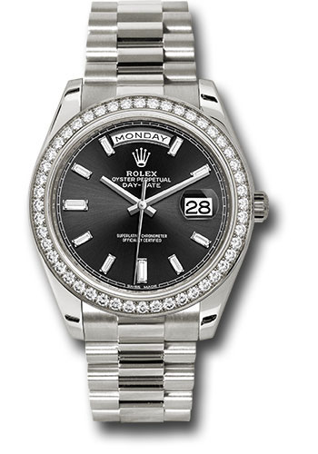 Rolex White Gold Day-Date 40 Watch - White Gold Bezel - Black Baguette Diamond Dial - President Bracelet
