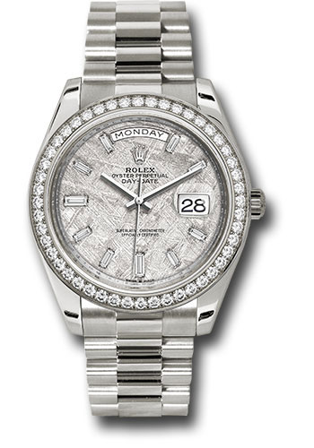 Rolex White Gold Oyster Perpetual Day-Date 40 - Diamond Bezel - Meteorite Baguette Diamond Dial - President Bracelet