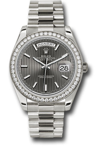 Rolex White Gold Day-Date 40 Watch -  Bezel - Dark Rhodium Stripe Motif Index Dial - President Bracelet