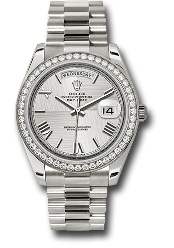 Rolex White Gold Day-Date 40 Watch -  Bezel - Silver Quadrant Motif Bevelled Roman Dial - President Bracelet