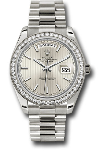 Rolex White Gold Day-Date 40 Watch -  Bezel - Silver Stripe Motif Index Dial - President Bracelet