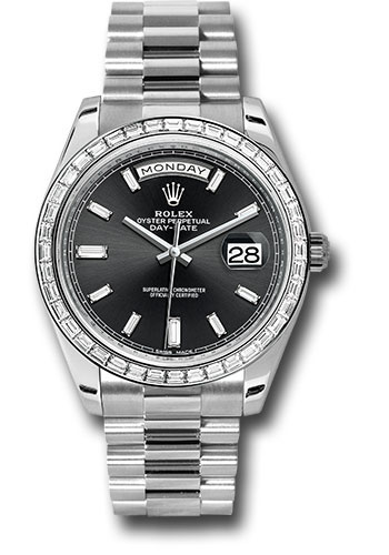 Rolex 950 Platinum Day-Date 40 Watch -  Bezel - Black Baguette Diamond Dial - President Bracelet