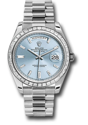 Rolex 950 Platinum Day-Date 40 Watch -  Bezel - Ice Blue Baguette Diamond Dial - President Bracelet