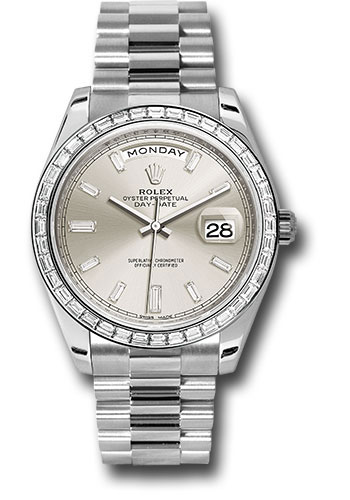 Rolex 950 Platinum Day-Date 40 Watch -  Bezel - Silver Baguette Diamond Dial - President Bracelet
