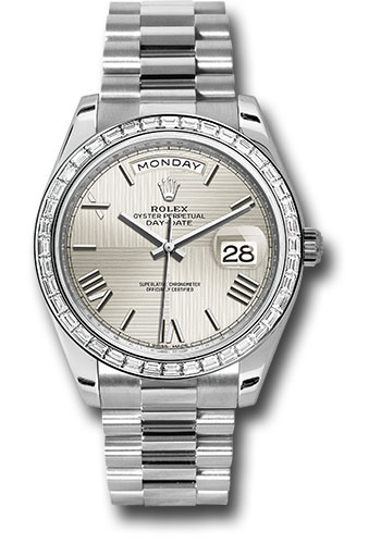 Rolex 950 Platinum Day-Date 40 Watch -  Bezel - Silver Quadrant Motif Bevelled Roman Dial - President Bracelet