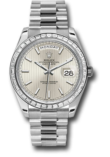 Rolex 950 Platinum Day-Date 40 Watch -  Bezel - Silver Strip Motif Index Dial - President Bracelet