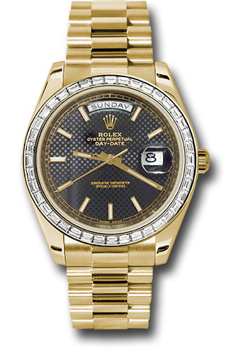Rolex Yellow Gold Day-Date 40 Watch -  Bezel - Black Diagonal Motif Index Dial - President Bracelet