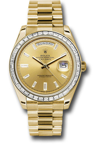 Rolex Yellow Gold Day-Date 40 Watch -  Bezel - Champagne Baguette Diamond Dial - President Bracelet
