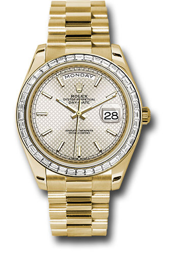 Rolex Yellow Gold Day-Date 40 Watch -  Bezel - Silver Diagonal Motif Index Dial - President Bracelet