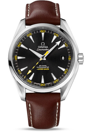 Omega Seamaster Aqua Terra 150 M Omega Co-Axial 15,000 Gauss Watch - 41.5 mm Steel Case - Slightly Yellow Black Dial - Brown Leather Strap