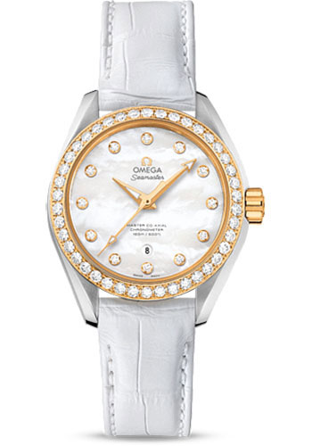 Omega Seamaster Aqua Terra 150 M Master Co-Axial Watch - 34 mm Steel Case - Yellow Gold Bezel - Mother-Of-Pearl Diamond Dial - White Leather Strap