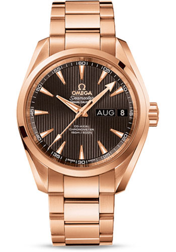 Omega Seamaster Aqua Terra Co-Axial Annual Calendar Watch - 38.5 mm Red Gold Case - Teak-Sun Brushed Grey Dial