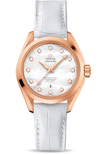 Omega Seamaster Aqua Terra 150 M Master Co-Axial Watch - 34 mm Sedna Gold Case - Mother-Of-Pearl Diamond Dial - White Leather Strap