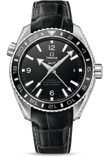 Omega Seamaster Planet Ocean 600 M Omega Co-Axial GMT Watch - 43.5 mm Platinum Case - Black Ceramic Bi-Directional Bezel - Black Dial - Black Leather Strap