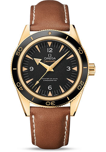 Omega Seamaster 300 Omega Master Co-Axial Watch - 41 mm Yellow Gold Case - Ceramic Bezel - Black Dial - Brown Leather Strap