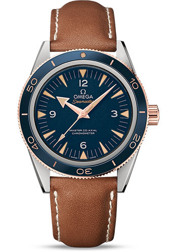 Omega Seamaster 300 Omega Master Co-Axial Watch - 41 mm Titanium Case - Sedna Gold Bezel - Blue Dial - Brown Leather Strap