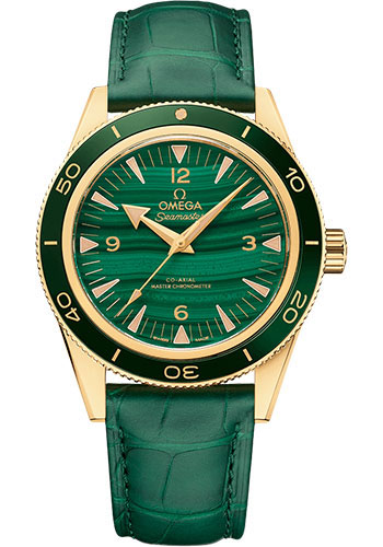 Omega Seamaster 300 Omega Co-Axial Master Chronometer - 41 mm Yellow Gold Case - Deep Green Dial - Green Leather Strap