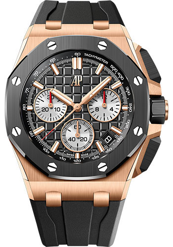 Audemars Piguet Royal Oak Offshore Selfwinding Chronograph Watch - 43mm Pink Gold Case - Black Ceramic Bezel - Black Dial - Black Rubber Strap