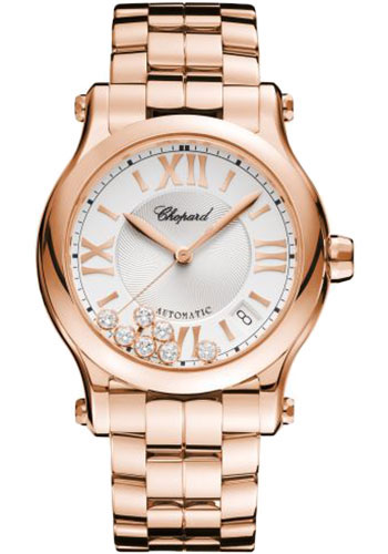Chopard Happy Sport Round Watch - 36.00 mm Rose Gold Diamond Case - Silver- Dial