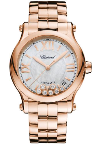 Chopard Happy Sport Round Watch - 36.00 mm Rose Gold Diamond Case - Mother-of-Pearl Dial