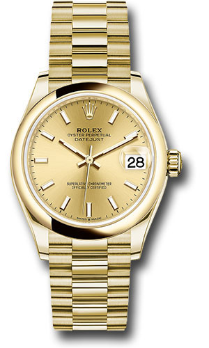 Rolex Yellow Gold Datejust 31 Watch - Domed Bezel - Champagne Index Dial - President Bracelet