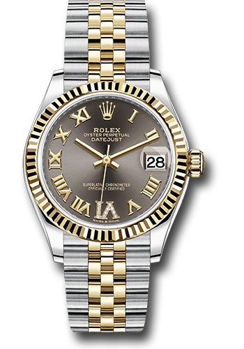 Rolex Steel and Yellow Gold Datejust 31 Watch - Fluted Bezel - Dark Grey Diamond Roman Six Dial - Jubilee Bracelet