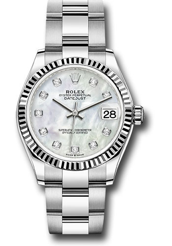 Rolex Steel and White Gold Datejust 31 Watch - Fluted Bezel - White Mother-Of-Pearl Diamond Dial - Oyster Bracelet