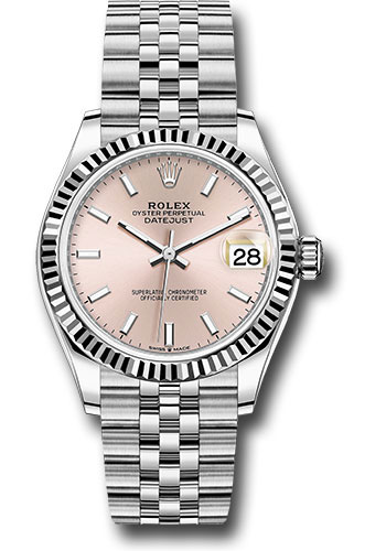 Rolex Steel and White Gold Datejust 31 Watch - Fluted Bezel - Pink Index Dial - Jubilee Bracelet