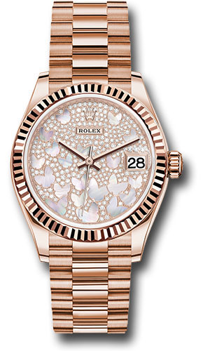 Rolex Everose Gold Datejust 31 Watch - Fluted Bezel - Diamond Paved Butterfly Dial - President Bracelet