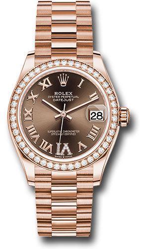 Rolex Everose Gold Datejust 31 Watch - Diamond Bezel - Chocolate Diamond Six Dial - President Bracelet