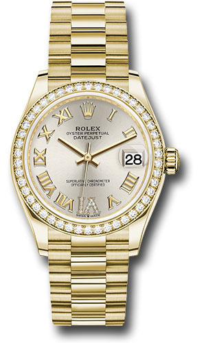 Rolex Yellow Gold Datejust 31 Watch - Diamond Bezel - Silver Diamond Six Dial - President Bracelet