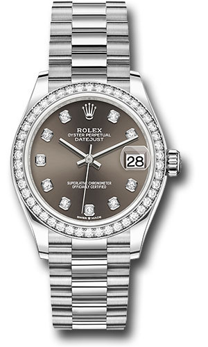 Rolex White Gold Datejust 31 Watch - Diamond Bezel - Dark Grey Roman Dial - President Bracelet