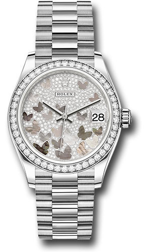 Rolex White Gold Datejust 31 Watch - Diamond Bezel - Diamond Paved Butterfly Dial - President Bracelet