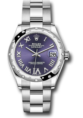Rolex Steel and White Gold Datejust 31 Watch - Domed 24 Diamond Bezel - Aubergine Roman Diamond 6 Dial - Oyster Bracelet