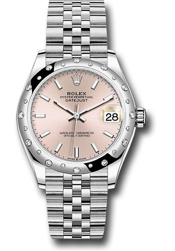 Rolex Steel and White Gold Datejust 31 Watch - Domed 24 Diamond Bezel - Pink Index Dial - Jubilee Bracelet