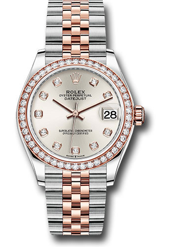 Rolex Steel and Everose Gold Datejust 31 Watch - 46 Diamond Bezel - Silver Diamond Dial - Jubilee Bracelet