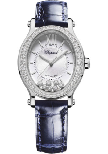 Chopard Happy Sport Oval Watch - 33.60 x 30.75 mm Steel Diamond Case - Silver Dial - Blue Strap